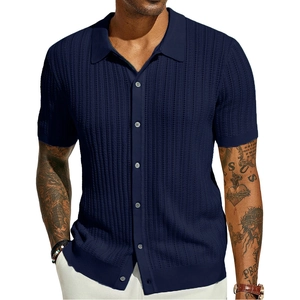Detailed view of the hollow vertical knit texture on this navy blue short sleeve men's shirt