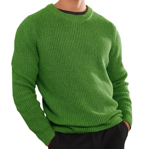 Men's green crew neck knitted sweater with vertical ribbed texture and long sleeves