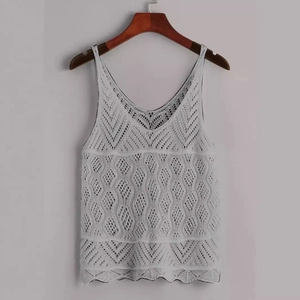 White sleeveless crochet camisole for women with V-neck and wave edge on neutral background
