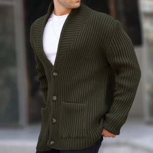 Men's olive green ribbed knit cardigan with button-down closure and lapel collar