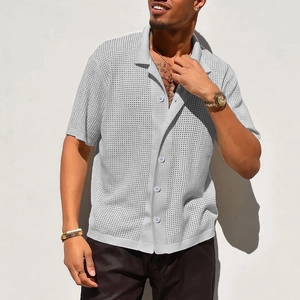 Men's light grey short sleeve knit polo shirt with breathable mesh texture and lapel