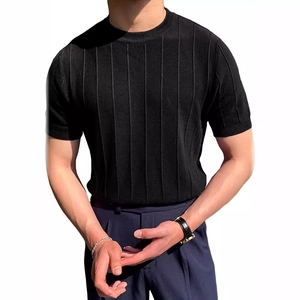 Men's summer black short sleeve t-shirt with vertical ribbed texture and crew neck