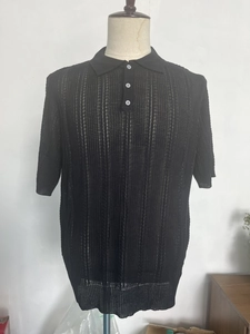 Close-up detail of black men's knit polo shirt with breathable vertical mesh texture