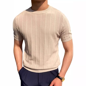 Men's minimalist crew neck short sleeve knit t-shirt with vertical stripe texture in beige