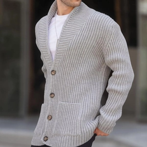 Men's casual grey ribbed knit cardigan with button-up collar and front pockets