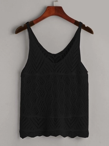 Detail of black V-neck crochet tank top featuring geometric diamond lace patterns