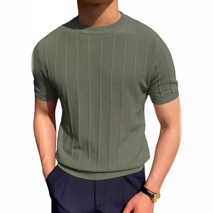 Men's olive green ribbed knit T-shirt with crew neck and breathable summer fabric