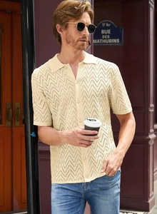 Detail of men's beige knit polo shirt featuring an intricate wave textured hollow pattern