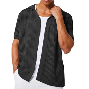 Men's black short sleeve knit cardigan with hollow out crochet design for casual summer style