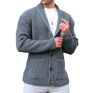 Men's dark grey knit cardigan with shawl collar and single-breasted buttons in high quality