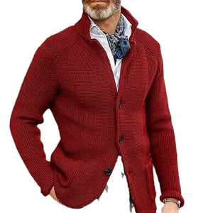Men's slim fit knit cardigan sweater with stand collar and button closure in dark red