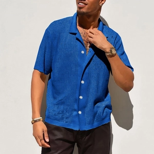 Men's royal blue knit shirt with breathable hollow mesh design and classic lapel collar