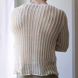 Maglione da uomo in maglia traforata avorio con trama verticale e girocollo