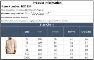 Detailed size guide table for men's waffle knit crewneck sweater with material specifications
