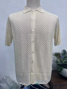 Detailed view of men's short sleeve knit polo shirt with wave hollow-out texture
