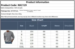 Detailed size chart for men's crewneck knit sweater with 100% acrylic fabric specifications