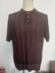 Detail of men's brown knit polo shirt showing the breathable vertical hollow stripe weave