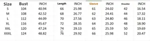 Men's pullover sweater size chart with measurements in cm and inches for S to 3XL
