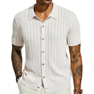 Close-up of men's white hollow-out knit polo shirt texture with vertical patterns