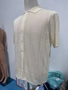 Detail of cream white men's knit polo shirt featuring wave pattern openwork texture