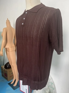 Close-up of brown knit polo shirt texture showing vertical breathable hollow patterns
