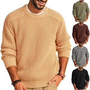 Men Knitted Sweater Pullover Acrylic Round Neck Long Sleeve Ribbed Waffle Knit Casual Warm Winter Top For Men Urban Style
