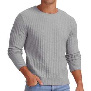 Men's grey crew neck knit sweater with textured square pattern and ribbed cuffs