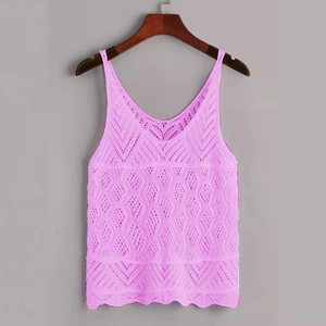 Pink purple crochet knit sleeveless camisole top with V-neck and scalloped hemline