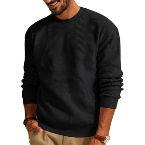 Men's black waffle knit sweater with classic crew neck and ribbed cuffs for casual wear