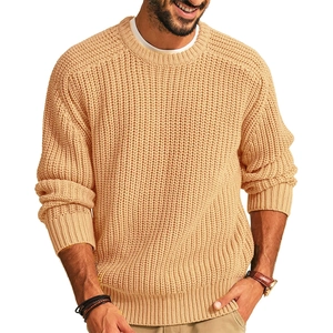 Men's casual apricot crewneck knit sweater in a cozy ribbed vertical texture