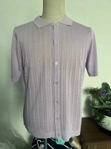 Detail of light purple knitted polo shirt featuring a breathable open-knit vertical pattern