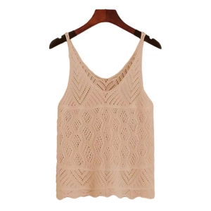 Women's summer hollow crochet knit camisole in beige featuring a deep V-neck and wavy hemline