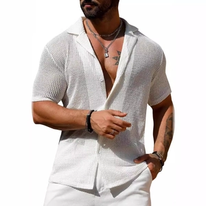 Men's white short sleeve knit shirt with breathable mesh texture and classic Cuban collar