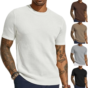 Men's Casual Knitted T-Shirt Polyester Waffle Texture Hollow Out Breathable Crew Neck Short Sleeve Slim Fit Summer Fashion Top