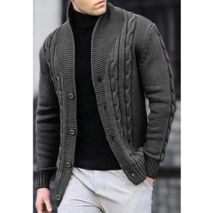 Cardigan da uomo in maglia a trecce grigio antracite con collo a scialle e bottoni