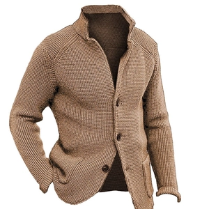 Men's khaki knit cardigan with stand collar and textured check pattern sweater