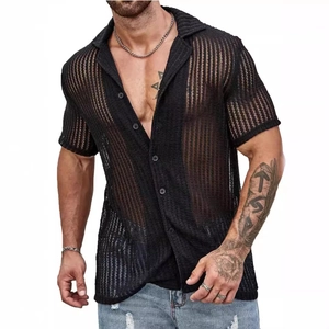 Men's black short sleeve knit shirt with vertical stripe hollow texture and lapel