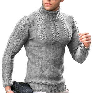 Men's grey turtleneck cable-knit sweater with slim fit design and ribbed cuffs