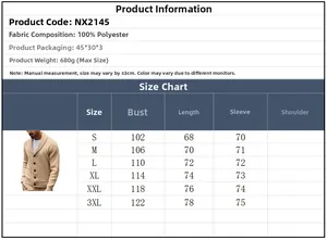Detailed size chart for men's knit cardigan showing measurements for sizes S to 3XL