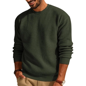 Men's waffle knit crewneck sweater in dark green with ribbed cuffs and hem