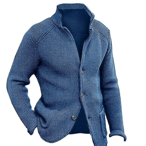 Men's Waffle Knit Cardigan Stand Collar Button Front Sweater Jacket Casual Slim Fit Long Sleeve Warm Coat For Daily Office