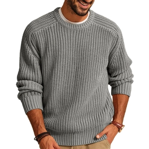 Classic grey waffle knit sweater for men featuring ribbed cuffs and crew neckline style