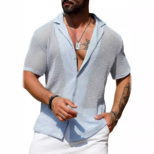 Men's light blue knit short sleeve shirt with breathable textured fabric and slim fit design