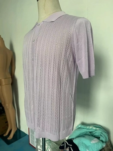 Close-up of lavender knit polo shirt showing textured vertical hollow stitch details