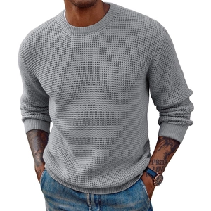 Classic men's crew neck waffle knit sweater in mid-grey with ribbed cuffs and hem