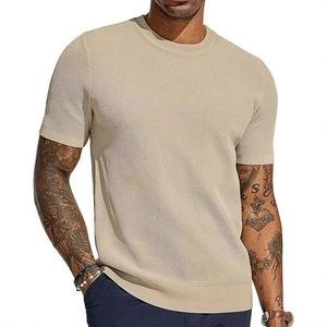 Men's slim fit knit t-shirt in beige featuring breathable hollow mesh texture design