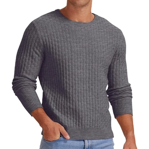 Men's grey crew neck knit sweater with waffle texture and ribbed cuffs for autumn wear