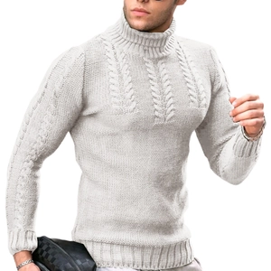 Men's slim fit white turtle neck sweater with chunky cable knit texture and ribbed cuffs