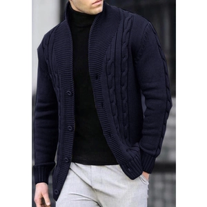 Cardigan da uomo blu scuro in maglia a trecce con collo alto e maniche lunghe calde e casual