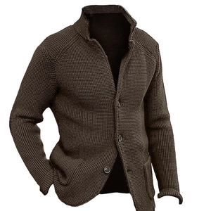 Men's dark coffee knit cardigan sweater with stand collar and single-breasted closure